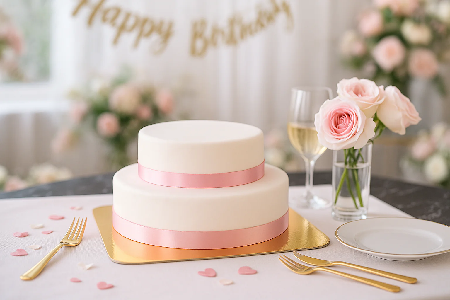 Zweistöckige weiße Torte mit Tortenband - Image 11